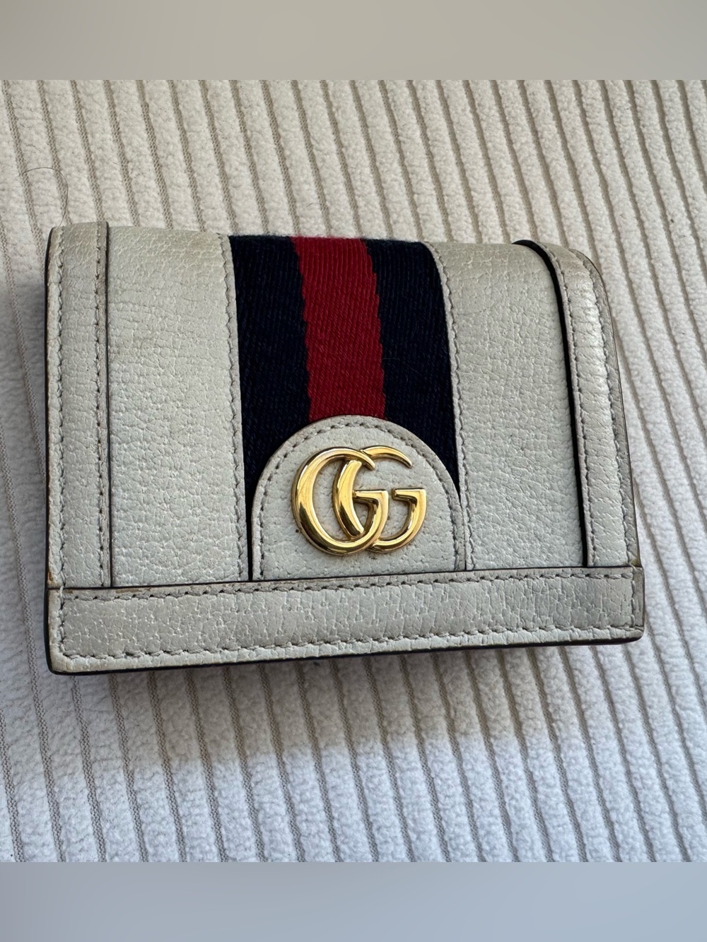Gucci Cream Marmont GG Leather Mini Wallet with Red and Navy Web